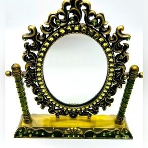 Ornate Green JEWELED Oval SWINGING Metal vanity mirror